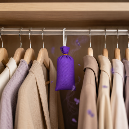 A small purple fabric sachet hangs from a wooden hanger on a clothing rack, surrounded by neutral-colored garments in a closet setting.