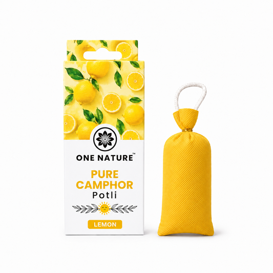 One Nature Pure Camphor Potli in Lemon scent, shown with its retail packaging box on a clean white background. The product is a small yellow fabric pouch with a white rope loop, next to the box which features a yellow lemon illustration.
