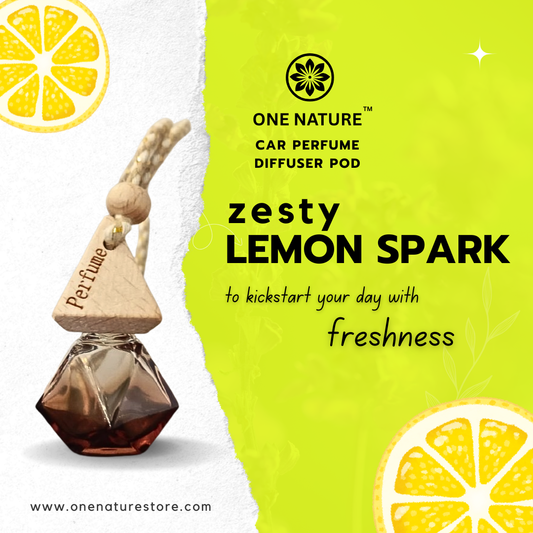 One Nature car perfume diffuser pod with lemon theme on a green background