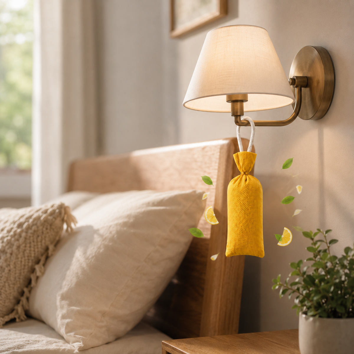 A yellow fabric sachet hangs from a brass wall sconce in a softly lit bedroom, with a wooden bed, cream pillows, and a small potted plant nearby.