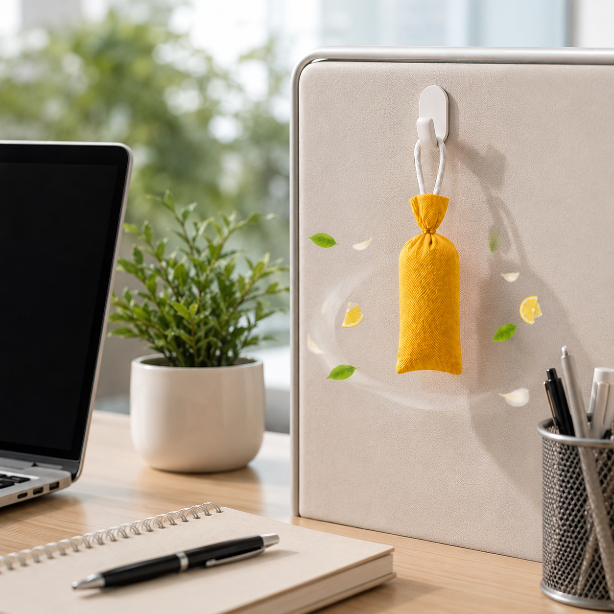 A small yellow fabric drawstring pouch hangs from a white hook on a light beige desk organizer panel in a bright home office setting. A laptop, potted plant, notebook, and pen cup are visible in the background.