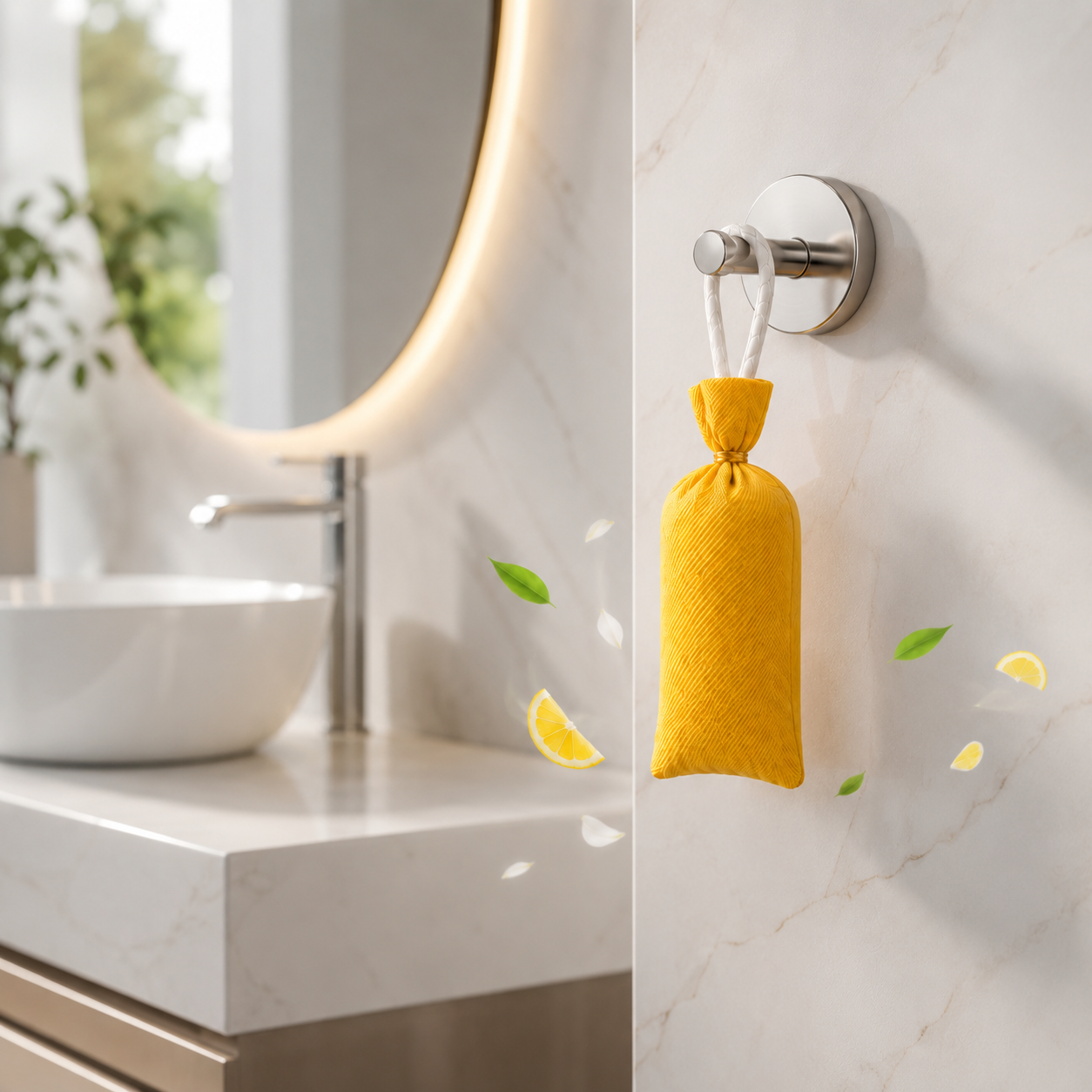 A small yellow fabric drawstring pouch hangs from a wall-mounted metal hook on a light marble bathroom wall, with a sink and mirror visible in the softly blurred background.