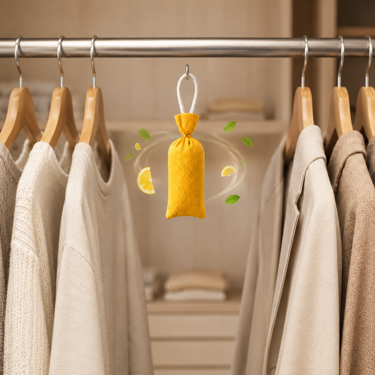 A yellow fabric drawstring sachet with a white hanging loop hangs from a metal closet rod, surrounded by hanging beige and white sweaters in a softly lit closet setting.