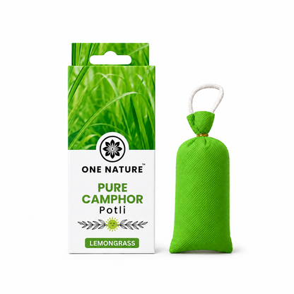 One Nature Pure Camphor Potli next to its retail packaging box, featuring a bright green fabric potli bag with a white hanging loop and a box with green camphor grass imagery.