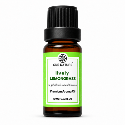 A 10 mL amber glass bottle of One Nature Lively Lemongrass premium aroma oil with a black ribbed cap and a bright green label, shown on a clean white background.