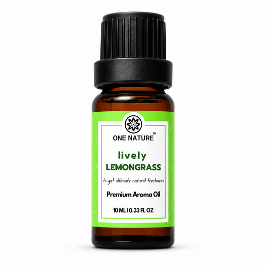 A 10 mL amber glass bottle of One Nature Lively Lemongrass premium aroma oil with a black ribbed cap and a bright green label, shown on a clean white background.