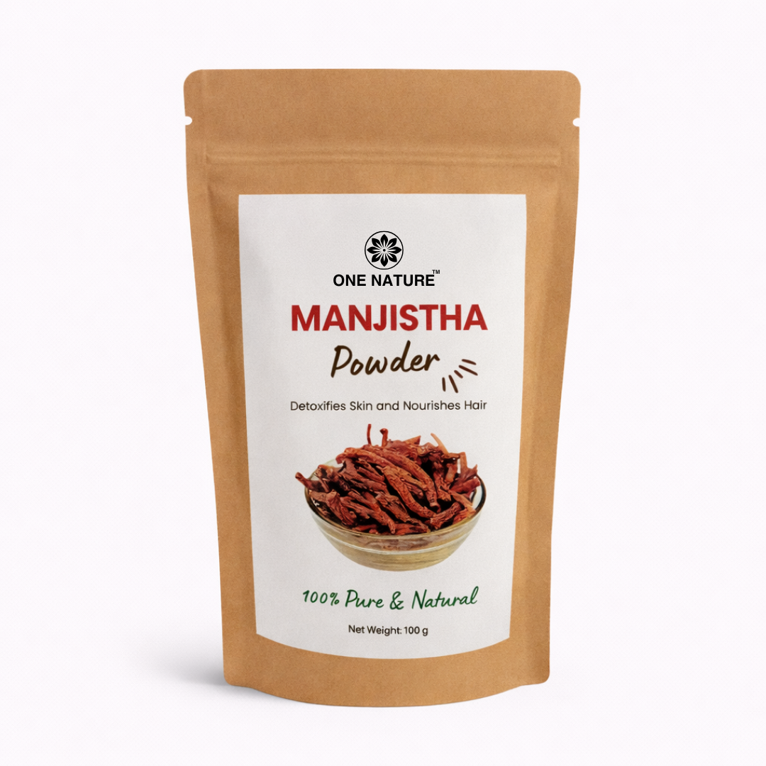 Manjistha powder package with One Nature branding on a white background