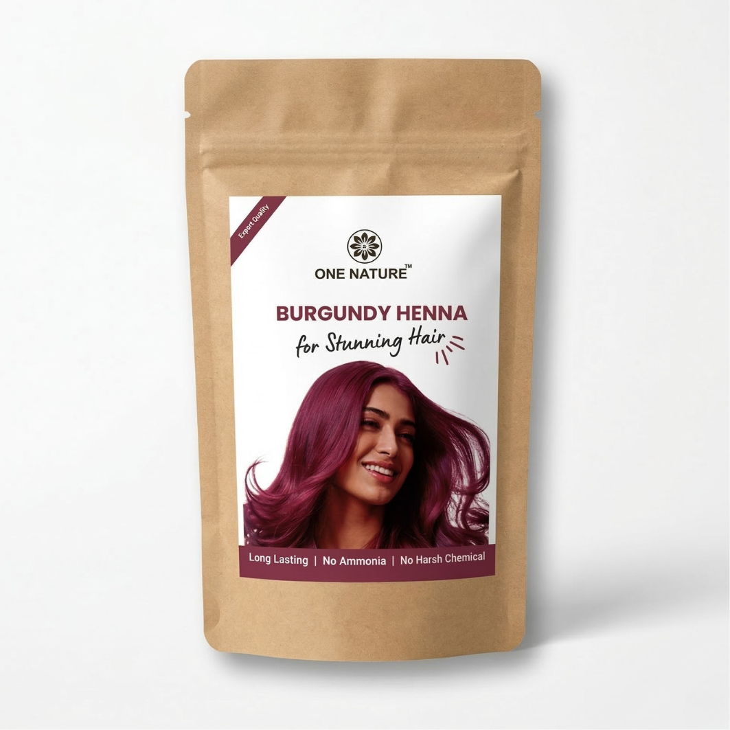 Burgundy Henna package for hair with a model wearing purple hair on a white background