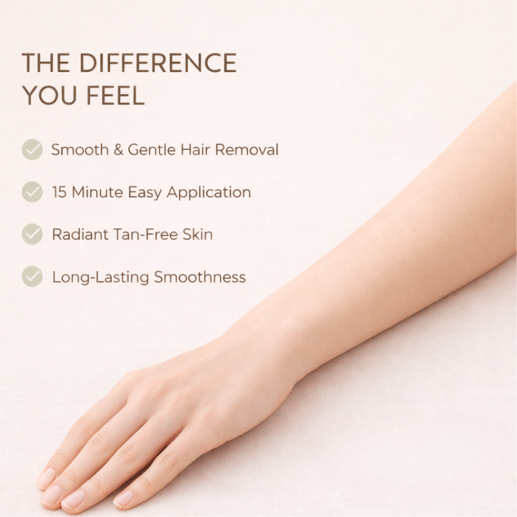 Hand with smooth skin on a light background, featuring text about hair removal product benefits.