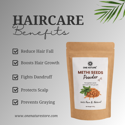 Methi Seeds Powder packaging with haircare benefits listed on a light gray background