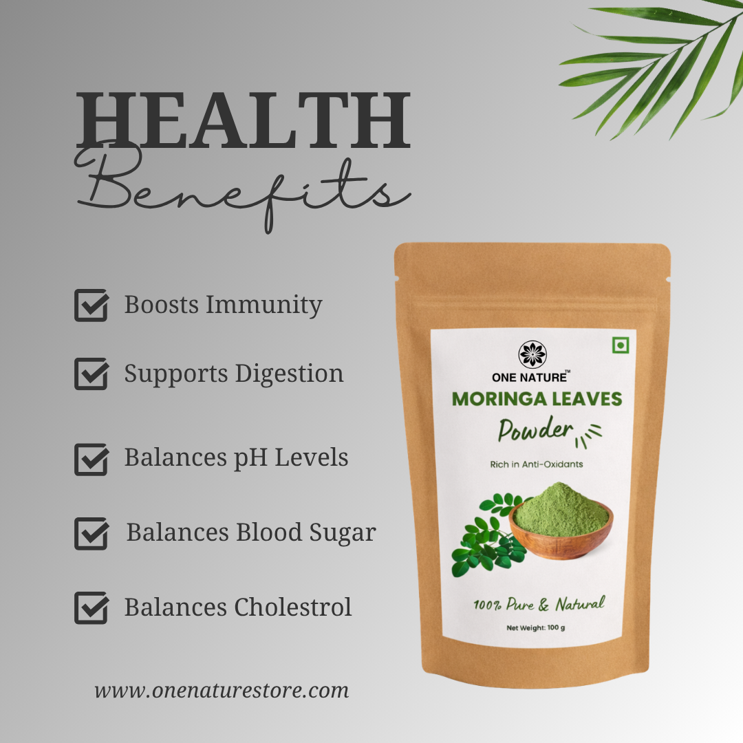 Moringa leaves powder package with health benefits listed on a gray background
