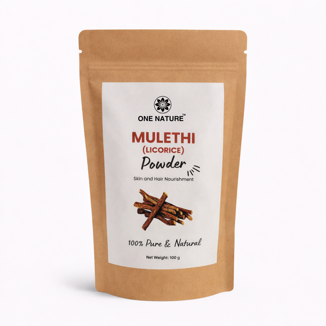 Kraft paper packaging of One Nature Mulethi (Licorice) Powder on a white background
