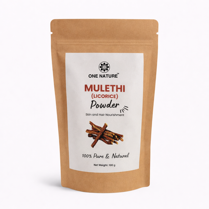 Kraft paper packaging of One Nature Mulethi (Licorice) Powder on a white background