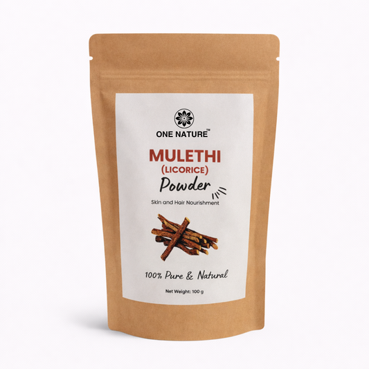 Kraft paper packaging of One Nature Mulethi (Licorice) Powder on a white background