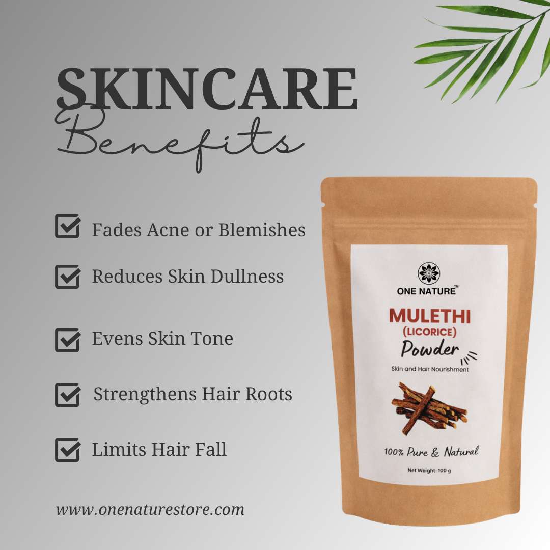 Mulethi powder packaging with skincare benefits listed on a gray background