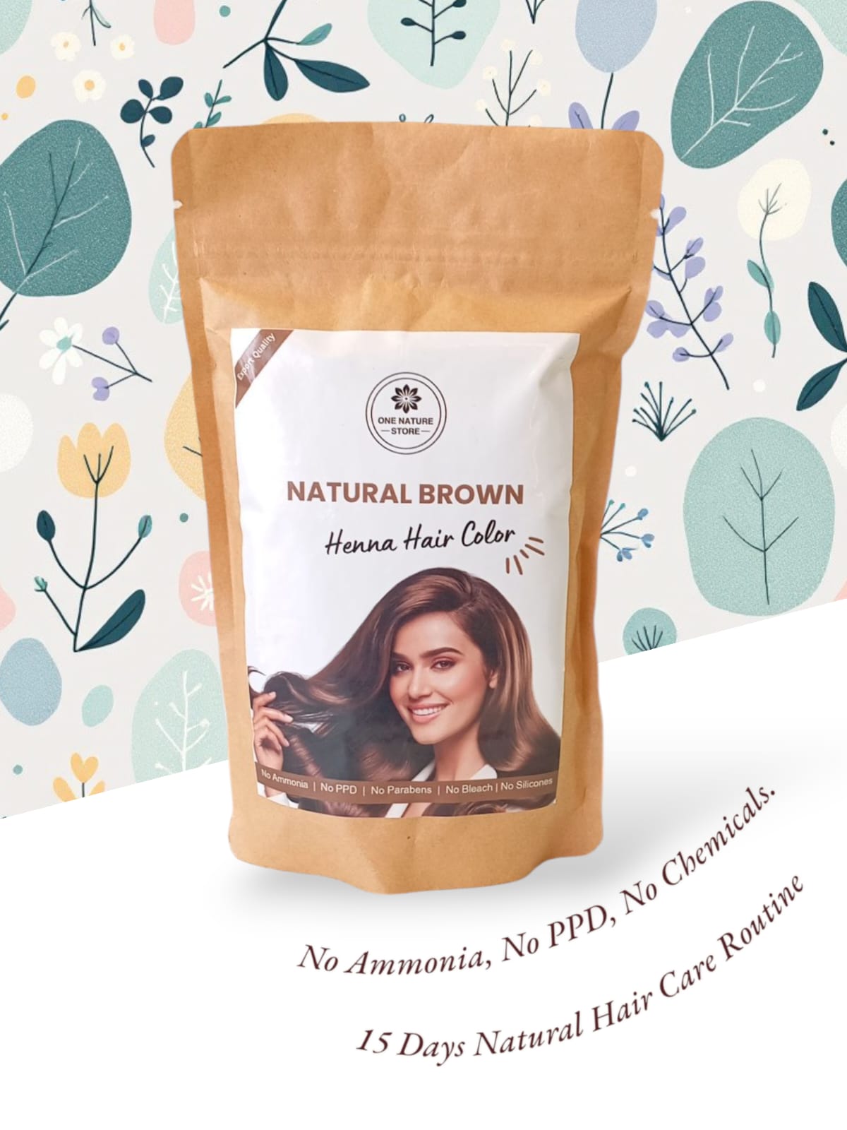 Henna hair color package with a woman's face on a decorative background