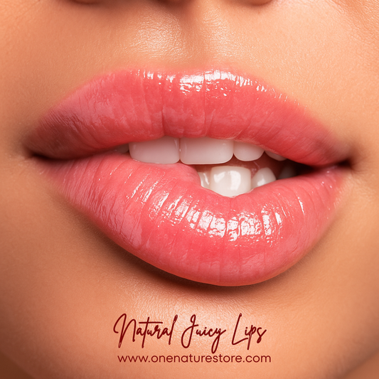 Close-up of glossy pink lips with a brand name at the bottom.