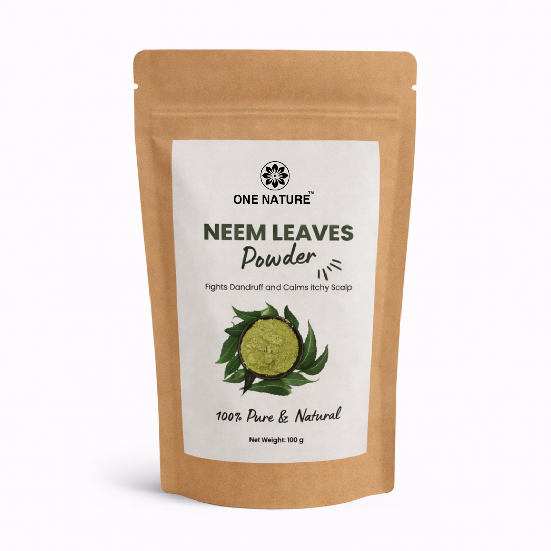 Kraft paper packaging of Neem Leaves Powder with a white label on a white background