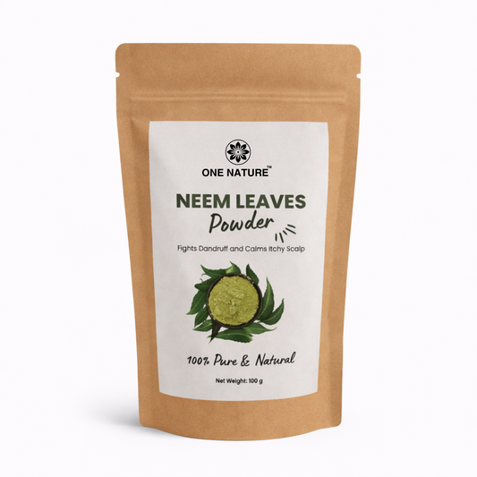 Kraft paper packaging of Neem Leaves Powder with a white label on a white background