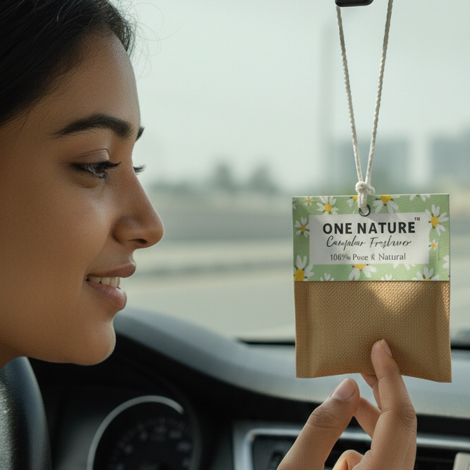 Woman holding a car air freshener with 'One Nature' branding inside a vehicle.