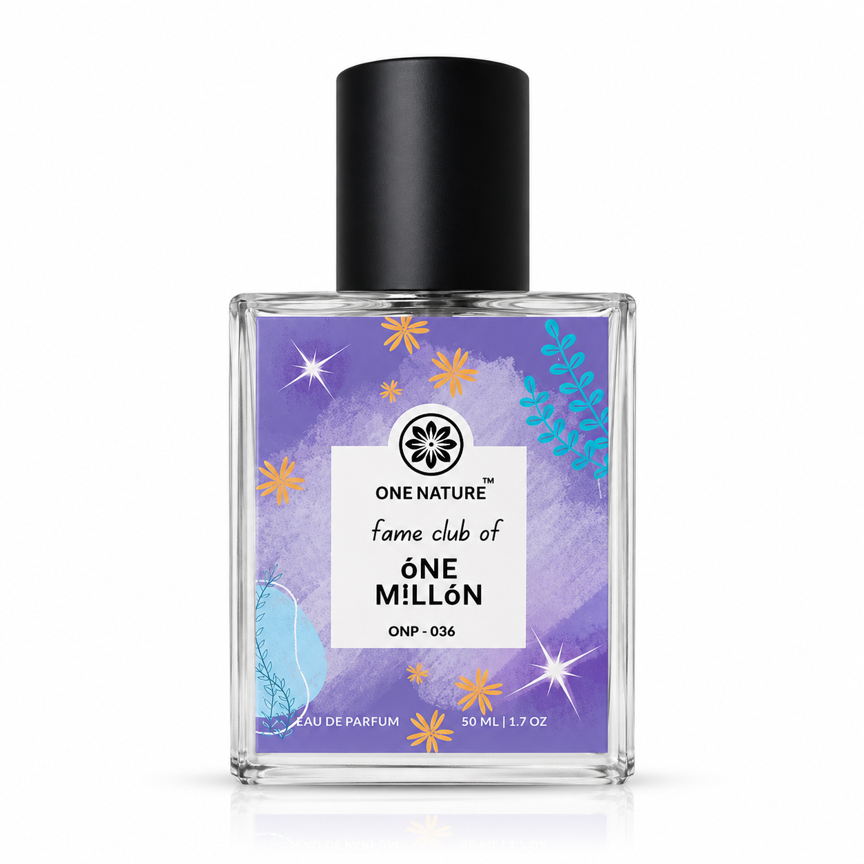 Perfume bottle with a colorful label on a white background