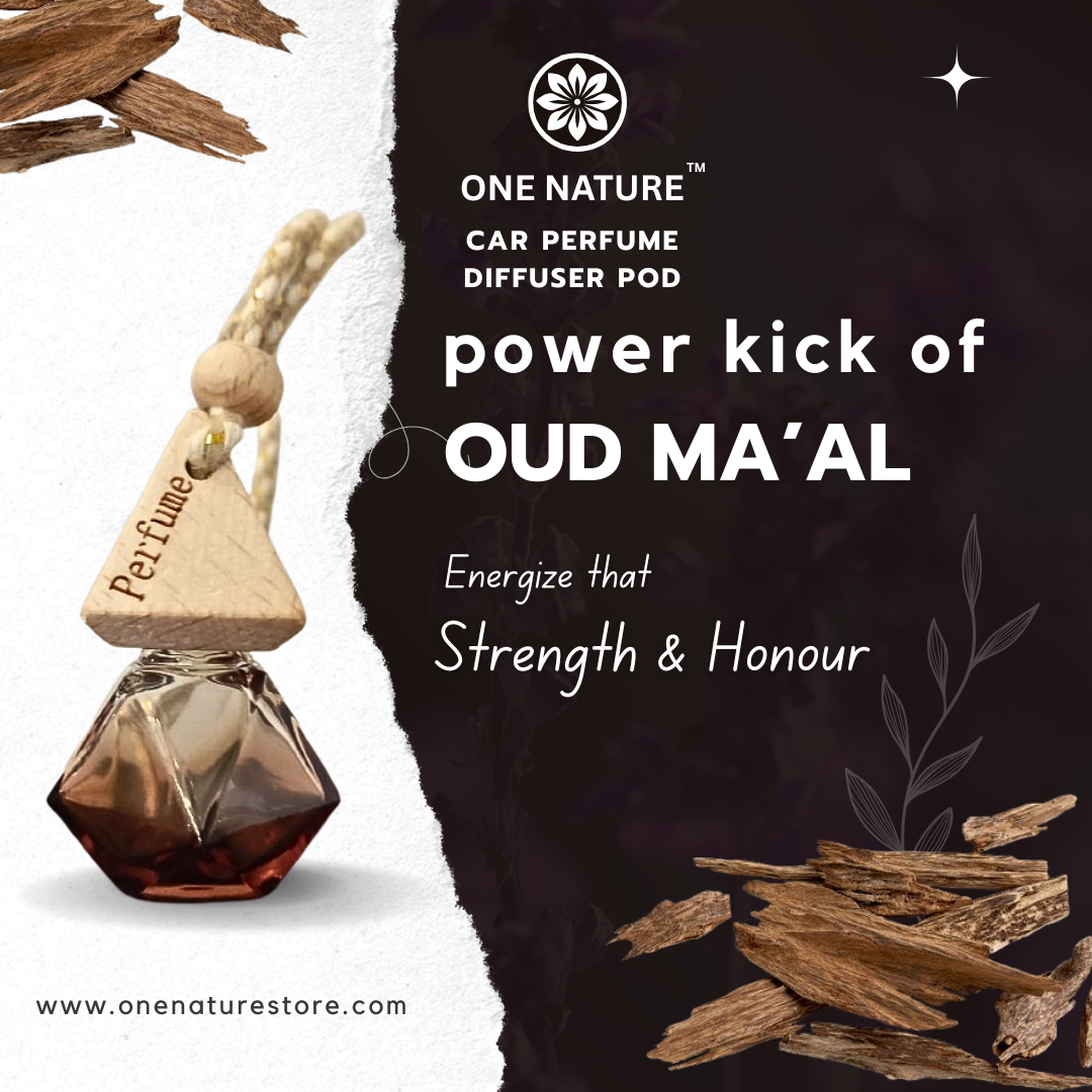 One Nature Car Perfume Diffuser Pod for Oud Ma'al with wooden elements and text on a dark background.