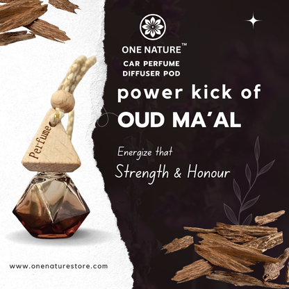 One Nature Car Perfume Diffuser Pod for Oud Ma'al with wooden elements and text on a dark background.