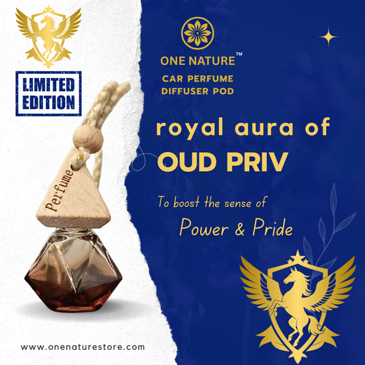 One Nature Car Perfume Diffuser Pod with branding and product details on a blue and white background.