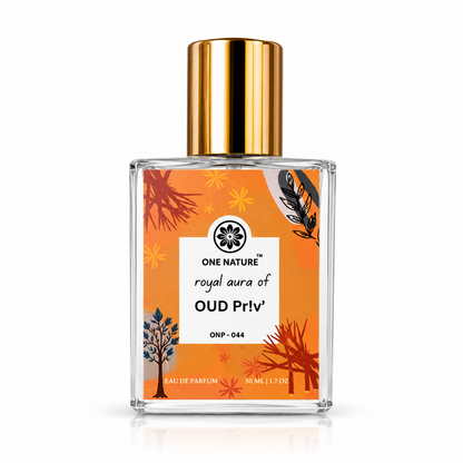 Perfume bottle with orange label and gold cap on white background