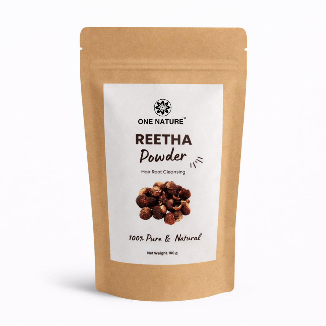 Kraft paper packaging of One Nature Reetha Powder on a white background