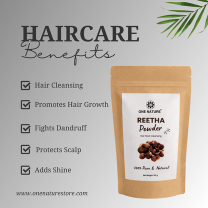 Reetha powder package with haircare benefits listed on a light gray background