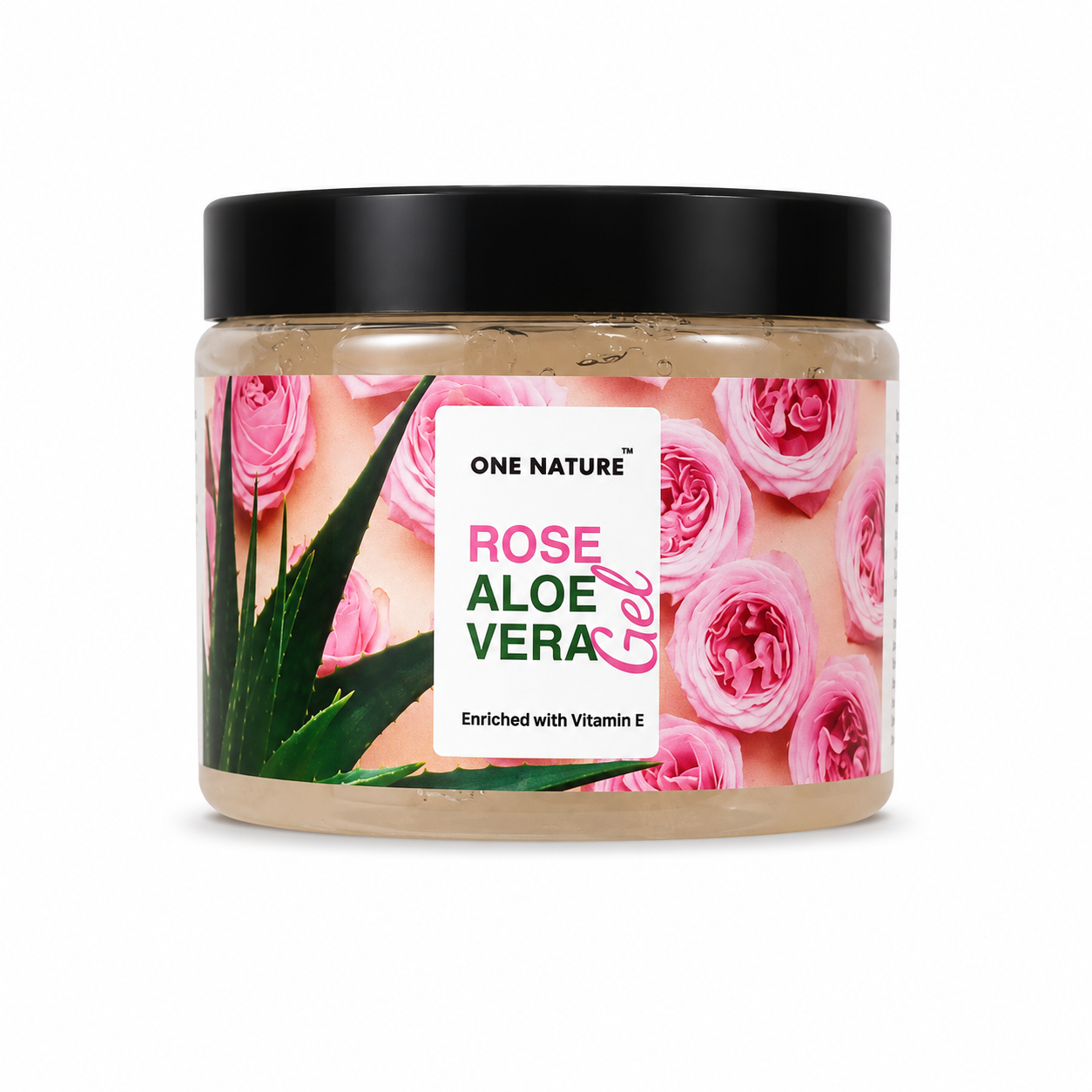 Jar of rose aloe vera gel with a black lid on a white background