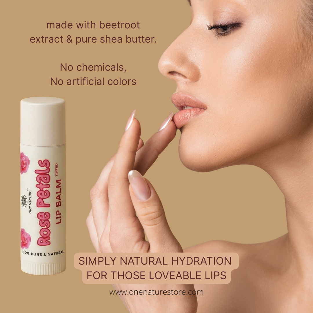 Lip balm with a woman applying it, on a beige background