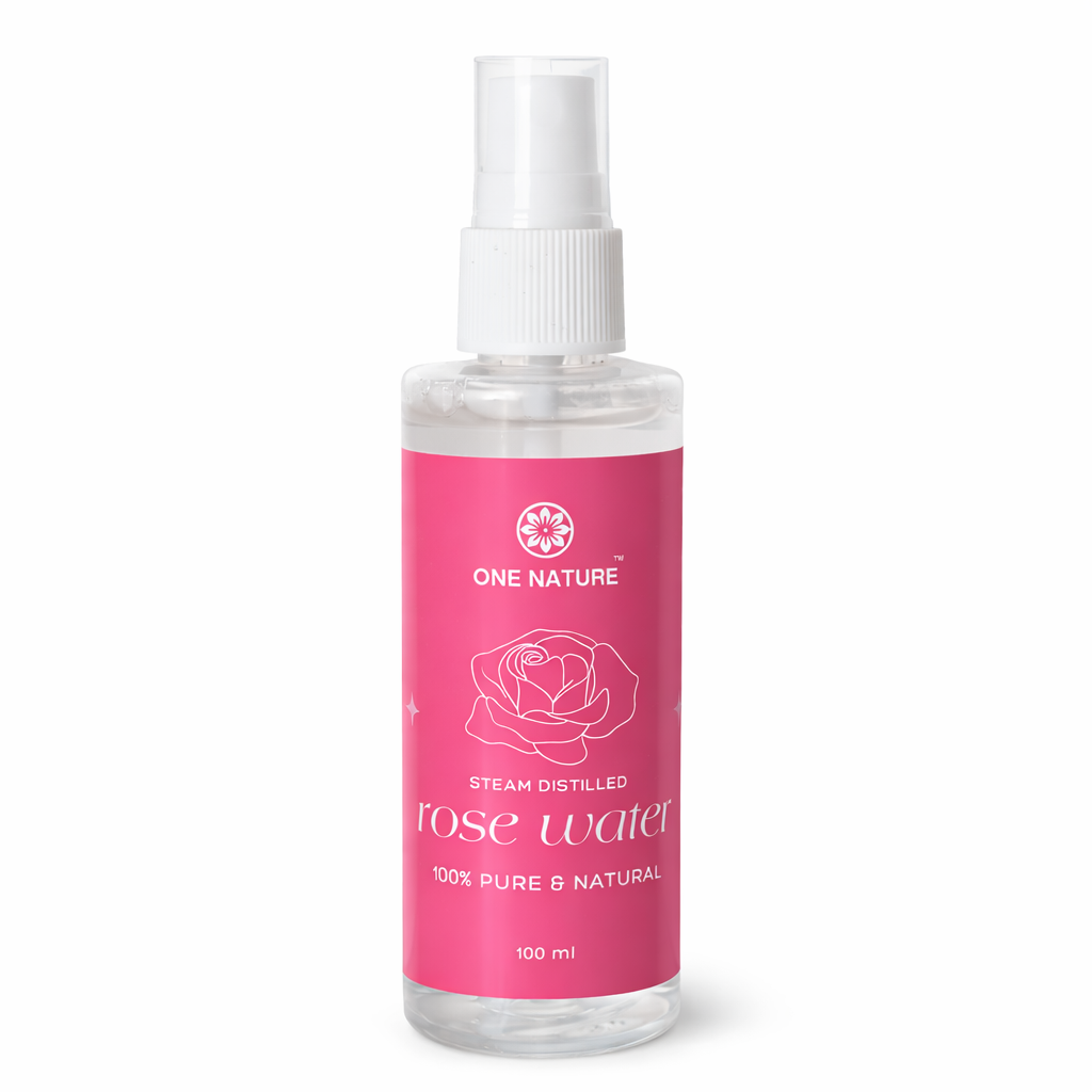 Bottle of One Nature rose water on a white background
