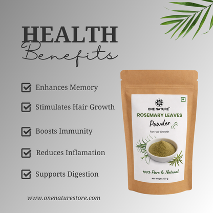 One Nature Rosemary Leaves Powder package with health benefits listed on a light gray background