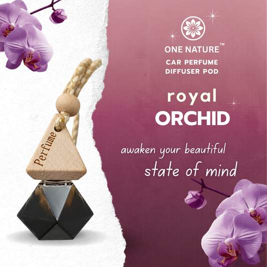 One Nature Car Perfume Diffuser Pod with purple orchids on a pink background