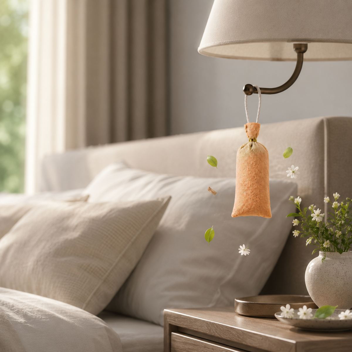 A small beige fabric hanging sachet with a drawstring and a tiny green leaf attached, suspended from a bedside table lamp in a softly lit bedroom. A bed with cream pillows, a wooden nightstand, and a vase of small white flowers are visible in the background.