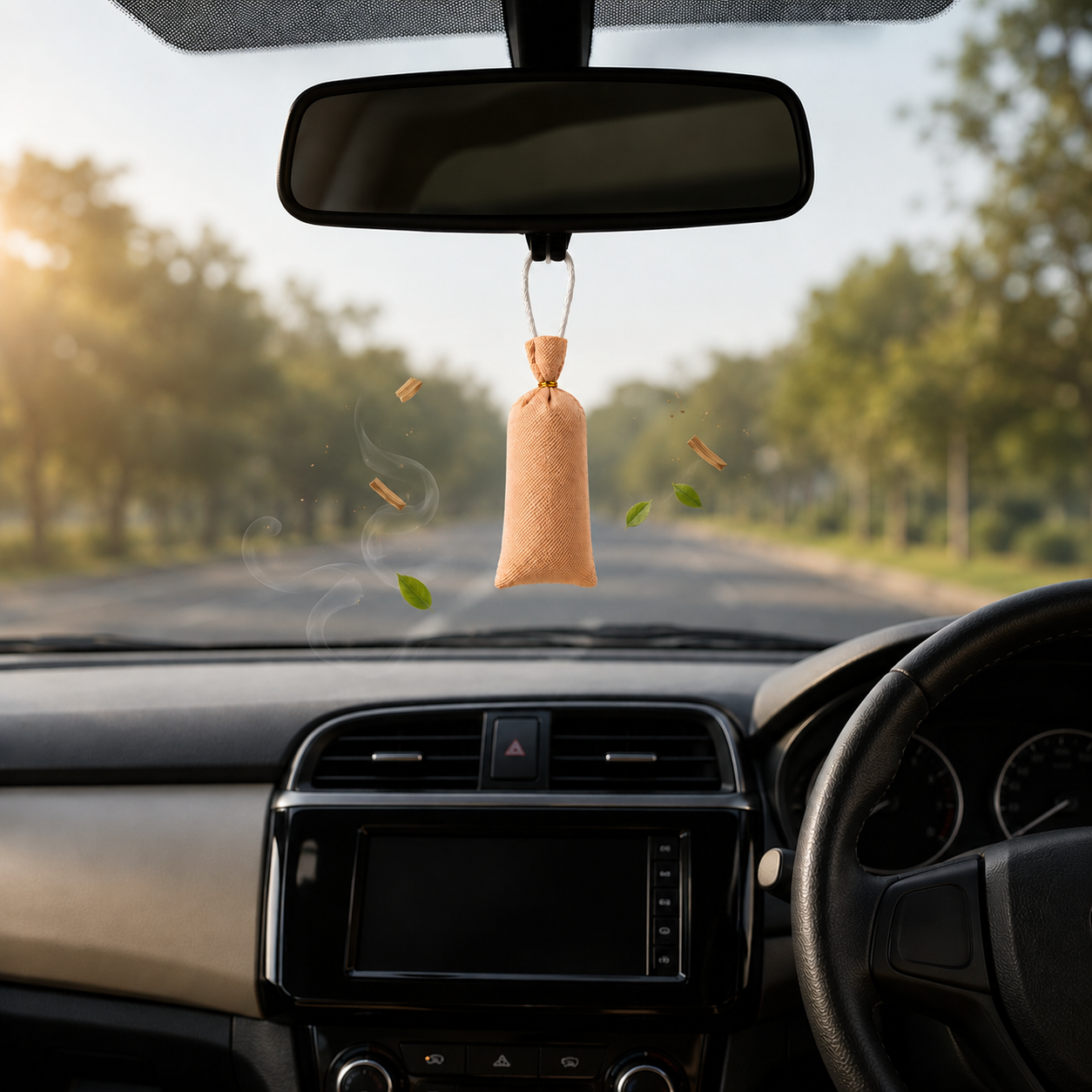 A small beige fabric car air freshener bag hangs from the rearview mirror inside a car, with stylized floating pieces and steam effects around it. The windshield shows a blurred road and trees outside.