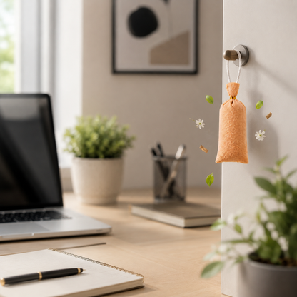 A small orange fabric sachet hangs from a wall hook on a light-colored door in a bright, modern home office setting. The background shows a wooden desk with a laptop, notebook, and potted plants.