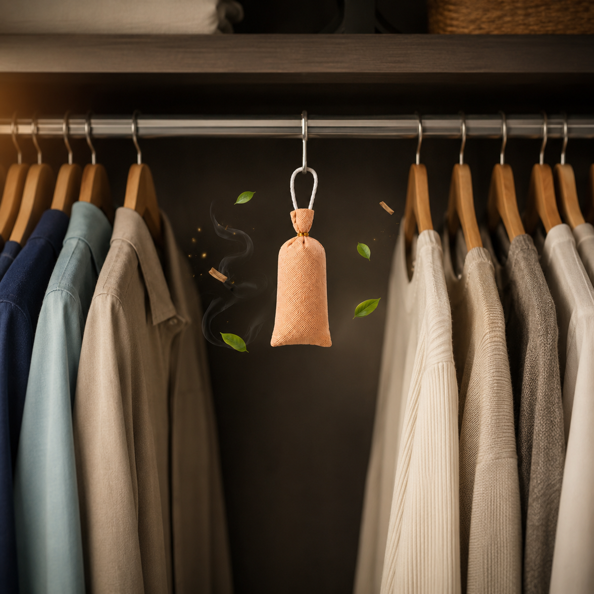 A small tan fabric hanging bag with a metal hook, suspended from a clothing rack bar in a closet. Clothes in blue, beige, white, and gray hang on wooden hangers against a dark background, with a few floating green leaves and smoke-like graphics around the bag.