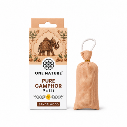 One Nature Pure Camphor Potli in Sandalwood scent, shown with its retail packaging box and the loose fabric potli bag next to it on a white background.