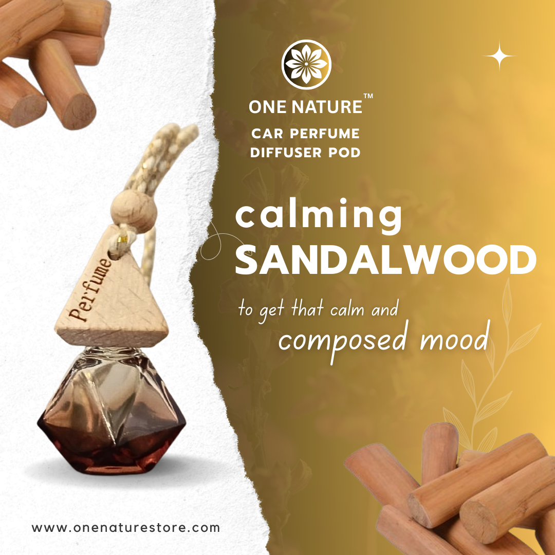 One Nature car perfume diffuser pod with sandalwood sticks on a gradient background