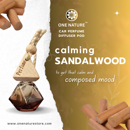 One Nature car perfume diffuser pod with sandalwood sticks on a gradient background