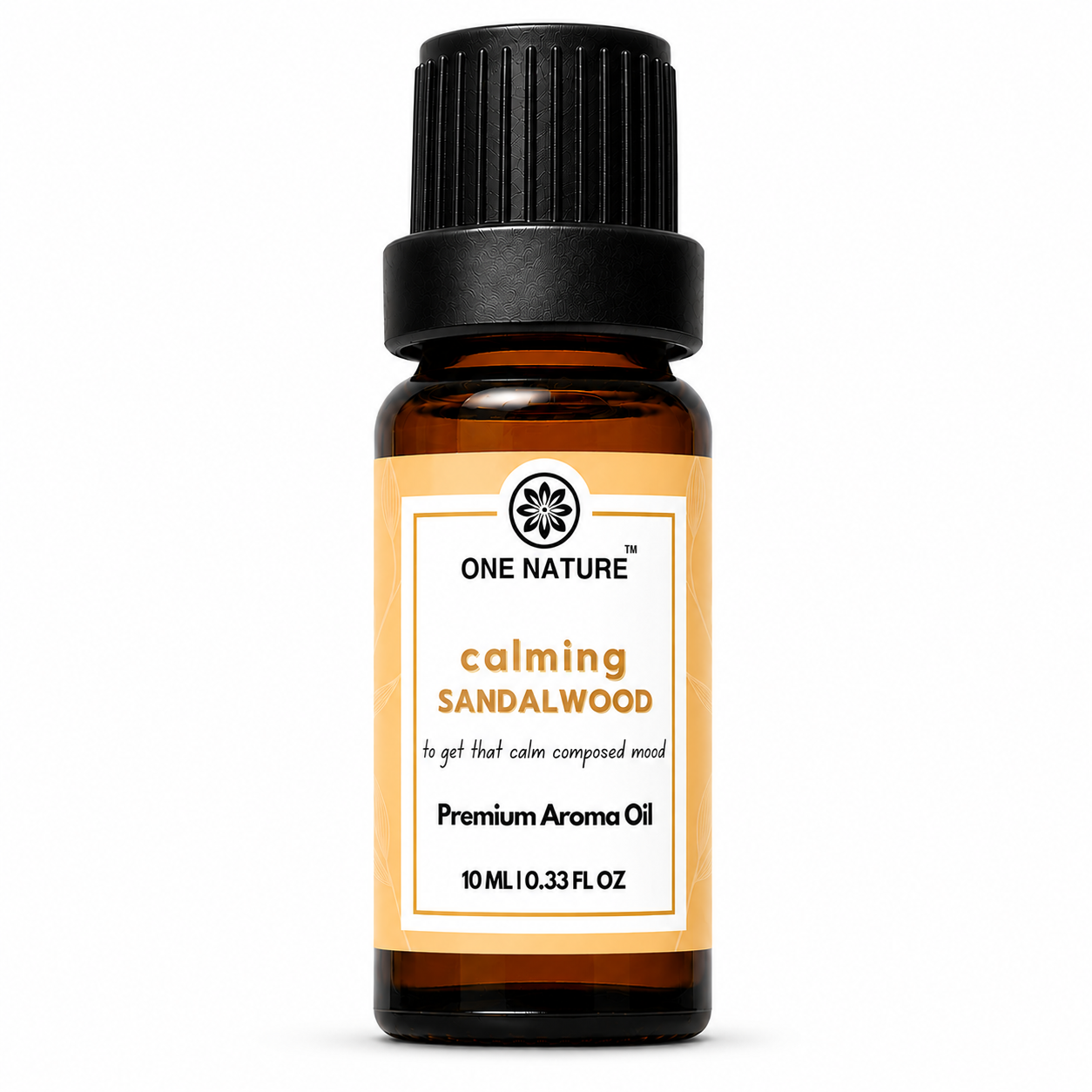 A 10 mL amber glass bottle of One Nature Calming Sandalwood Premium Aroma Oil with a black ribbed cap and a white label with orange accents, set against a plain white background.
