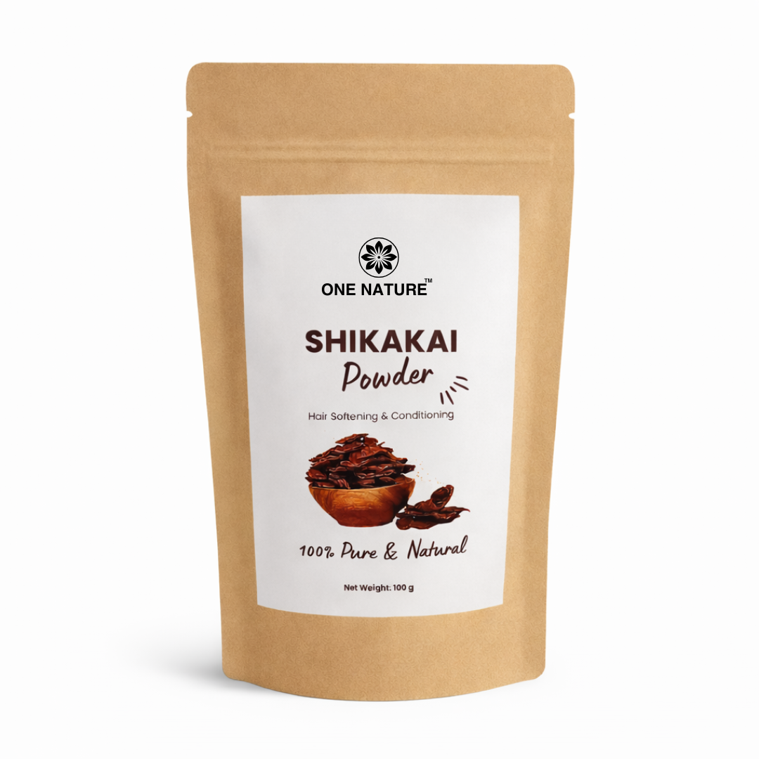 Kraft paper packaging of Shikakai Powder with a One Nature label on a white background