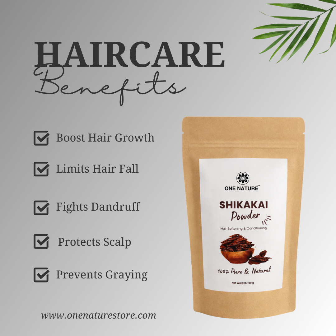 Shikakai powder packaging with haircare benefits listed on a light gray background