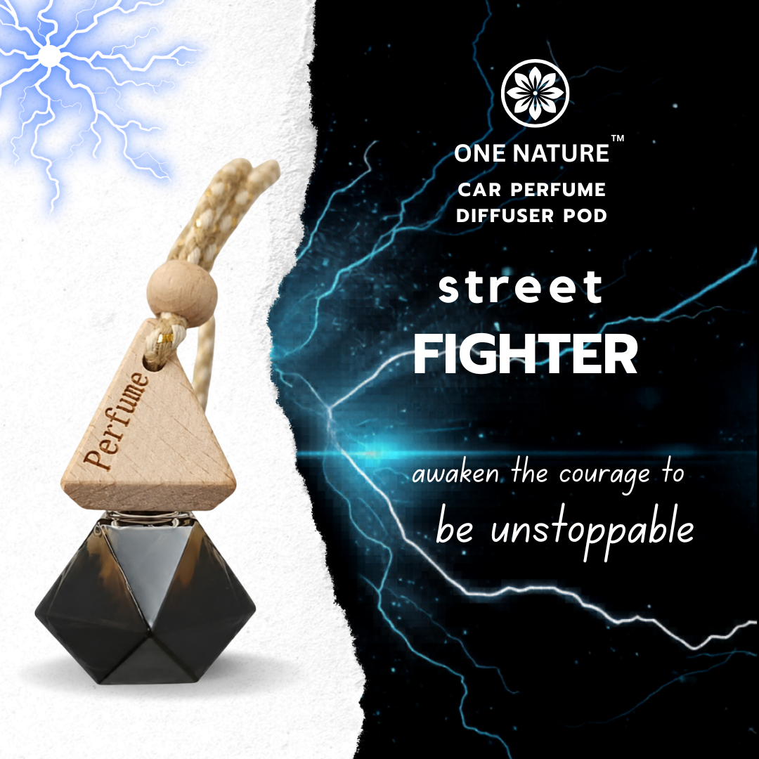 One Nature Car Perfume Diffuser Pod with 'Street Fighter' theme and motivational quote on a black background with lightning effects.