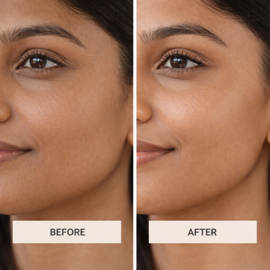 Before and after comparison of a woman's face with visible skin texture differences.