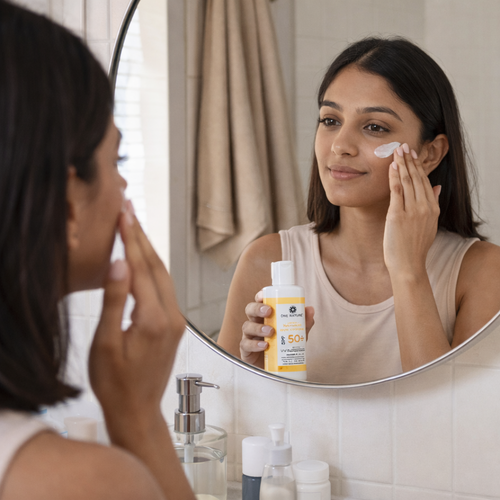 Woman applying sunscreen cream to her face in front of a mirror