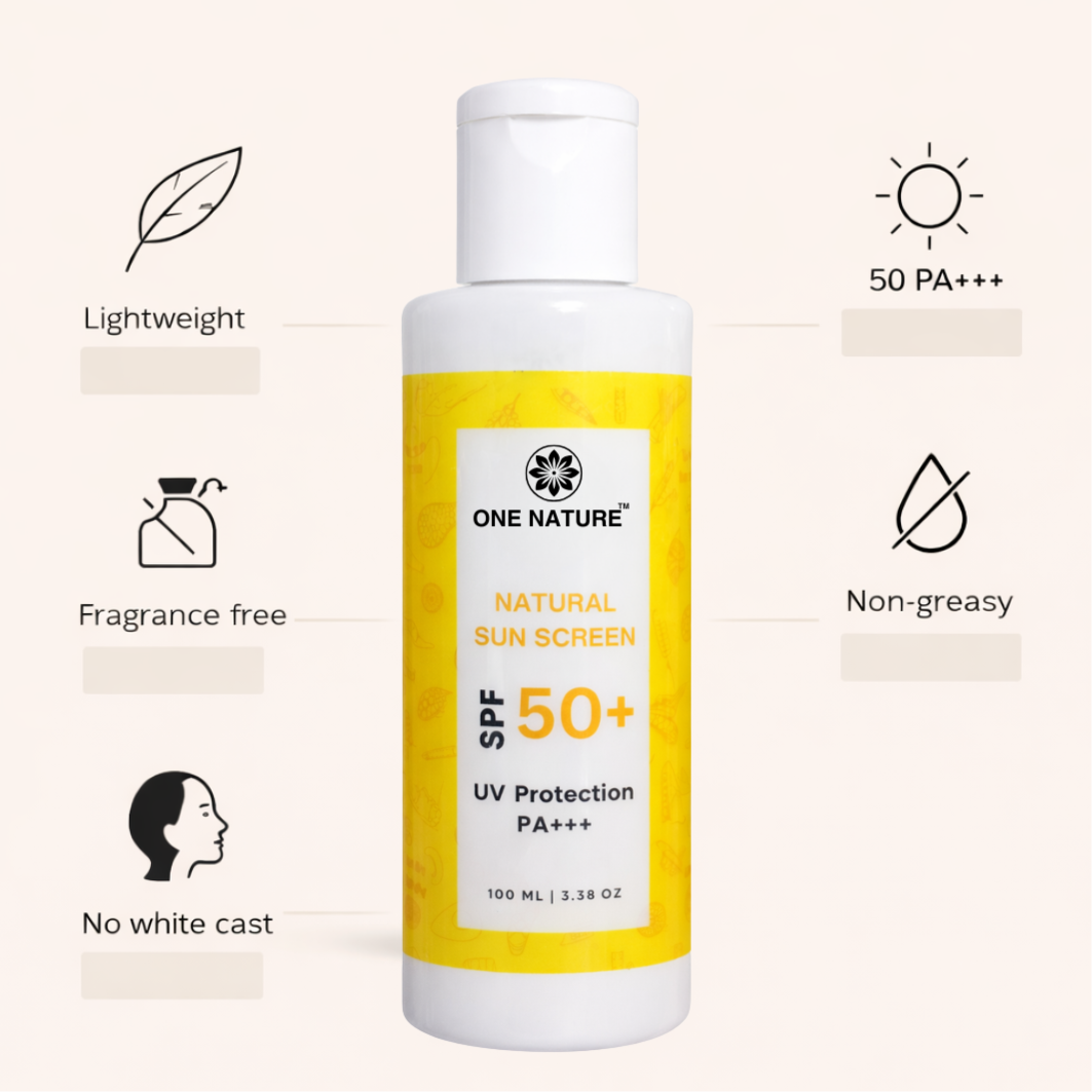 One Nature natural sunscreen bottle with SPF 50+ on a light beige background